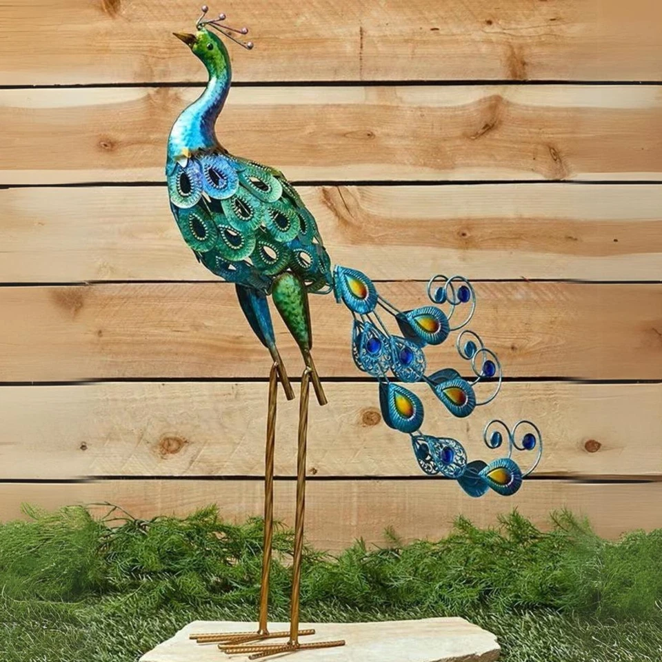 Colorful Metallic Peacock Garden Statue Tropical Bird Metal Sculpture Yard Decor - Image 2 of 4