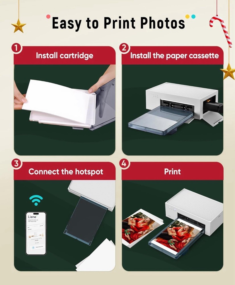 4x6” Liene Wi-Fi Photo Printer with Full-Color Thermal Dye for iPhone & Android