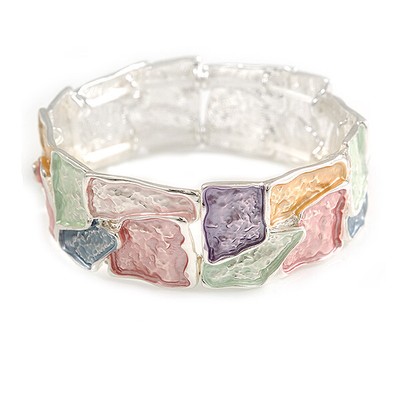 Pastell Multi Emaille geometrisch gehämmert Flex Armband in Silberton - 20 cm lang
