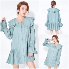 FASHION Peter Pan Collar Long Sleeve Stitching Ruffles Loose Pleated Mini Dress 