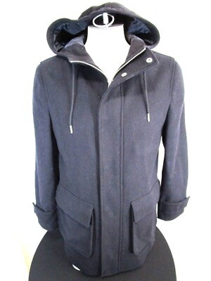 Topman Navy Blue Wool Blend Hooded, Quilt Lined Zip Up, Snap