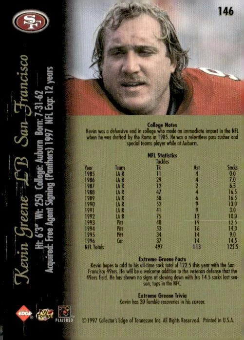 1997 Collector's Edge Extreme #146 Kevin Greene 50-Point - Image 2 of 2