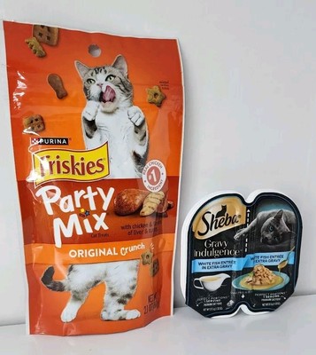 Friskies Party Mix Cat Treats Natural Real Chicken 2.1 .oz & Sheba Fish Cat Food