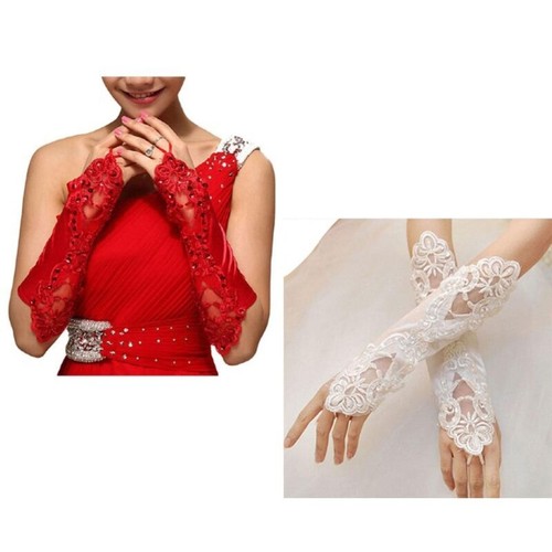 Women Fingerless Long Gloves Lace Splicing Glitter Sequins Wedding Mittens - Picture 2 of 10
