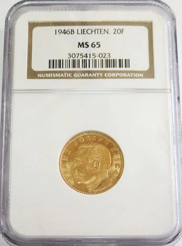 1946 B GOLD LIECHTENSTEIN 20 FRANKEN COIN NGC MINT STATE 65