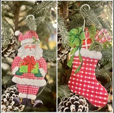 Gingham Santa Red White Ornaments Set Of 2 Metal Ornaments