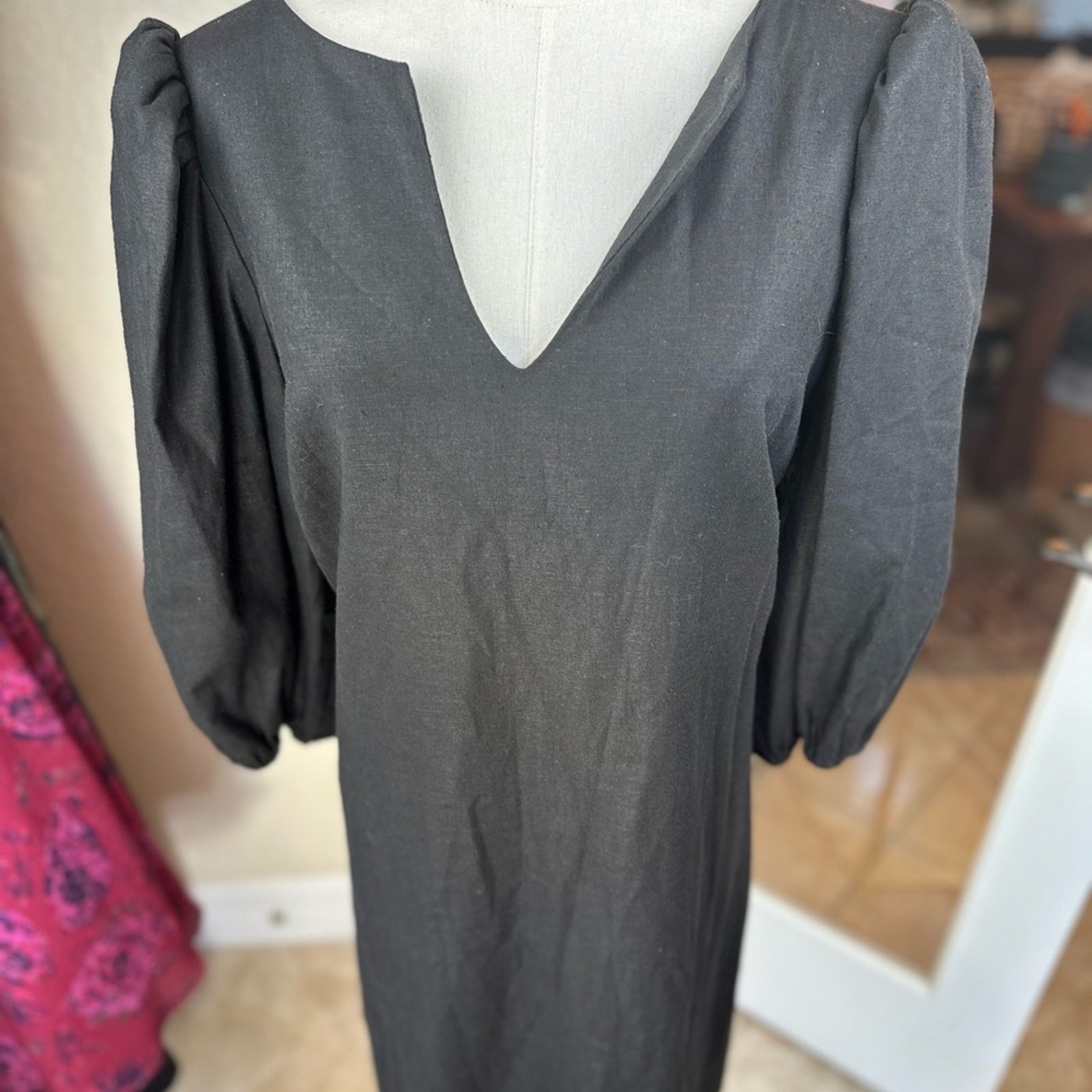 Camilyn Beth NWT SZ 14 the Ann Dress Black Linen V-Neck Puff Sleeve mini image 5