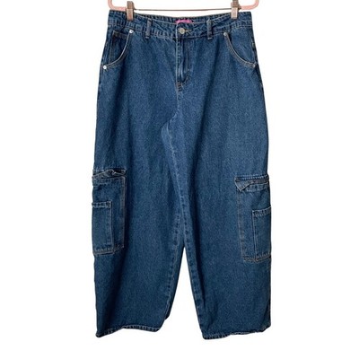 Edikted Jeans Womens Medium Blue High Waisted Cargo Wide Leg Denim Baggy Cotton