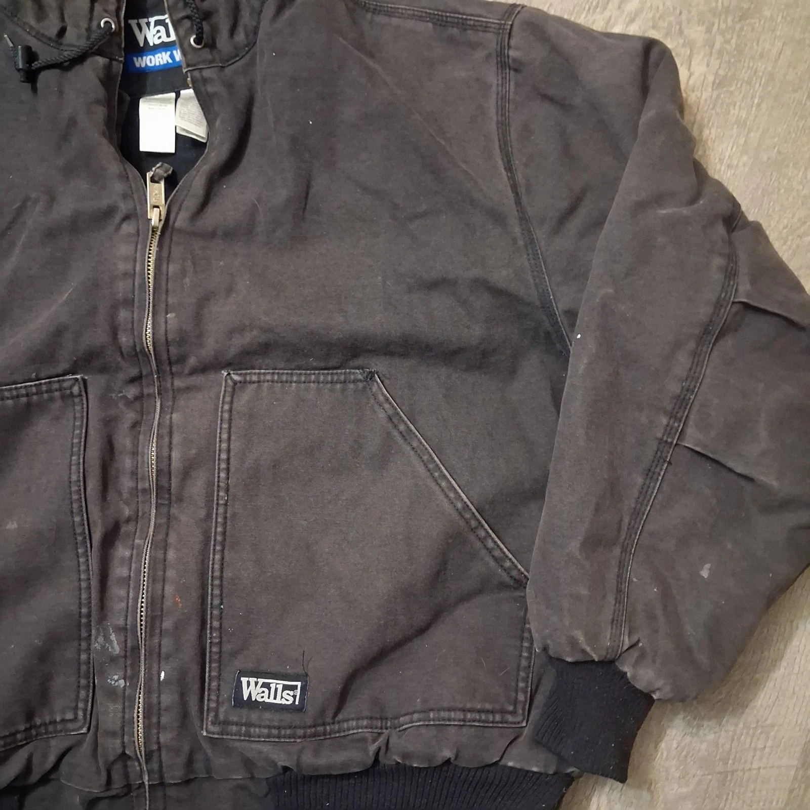 Walls Hooded Work Jacket Full Zip Black Thrashed Distressed Sun Faded XL - product detail image 6