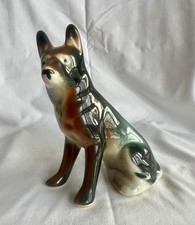Vintage German Shepherd Dog Ceramic Figurine 6.5 in Tall Brown, White, Black