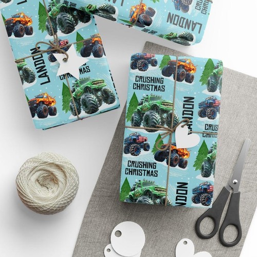 Personalized Monster Truck Christmas Wrapping Paper, Custom Name Boys Gift Wrap - Picture 2 of 6