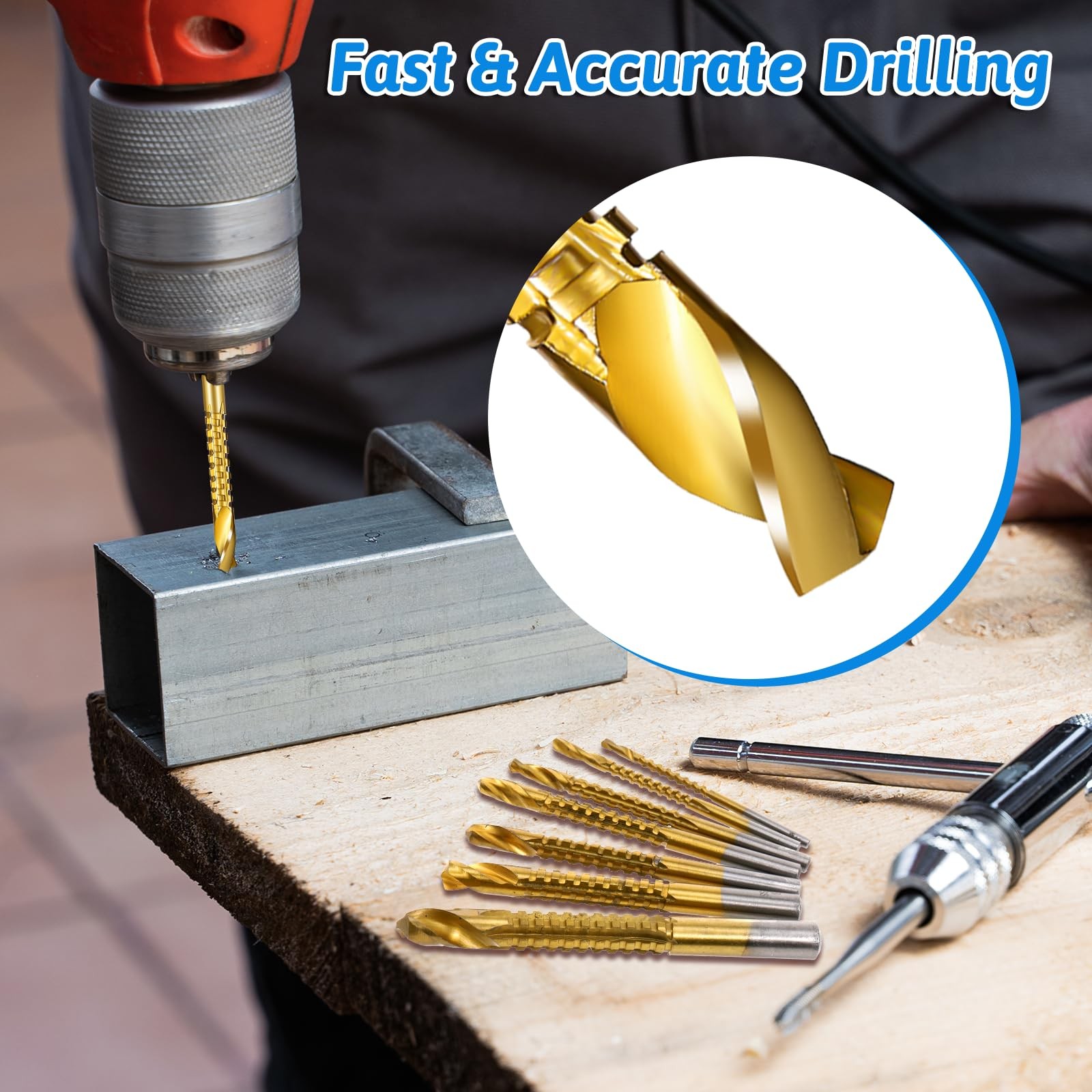 8 Pack Titanium Coated HSS Twist Drill Bits, 3-10mm Serrated Side Cutting Dri...