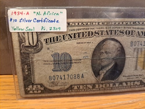 $10.00 1934 - A NORTH AFRICA TEN DOLLOR SLIVER CERTIFICATE YELLOW SEAL FR .... - Picture 3 of 10
