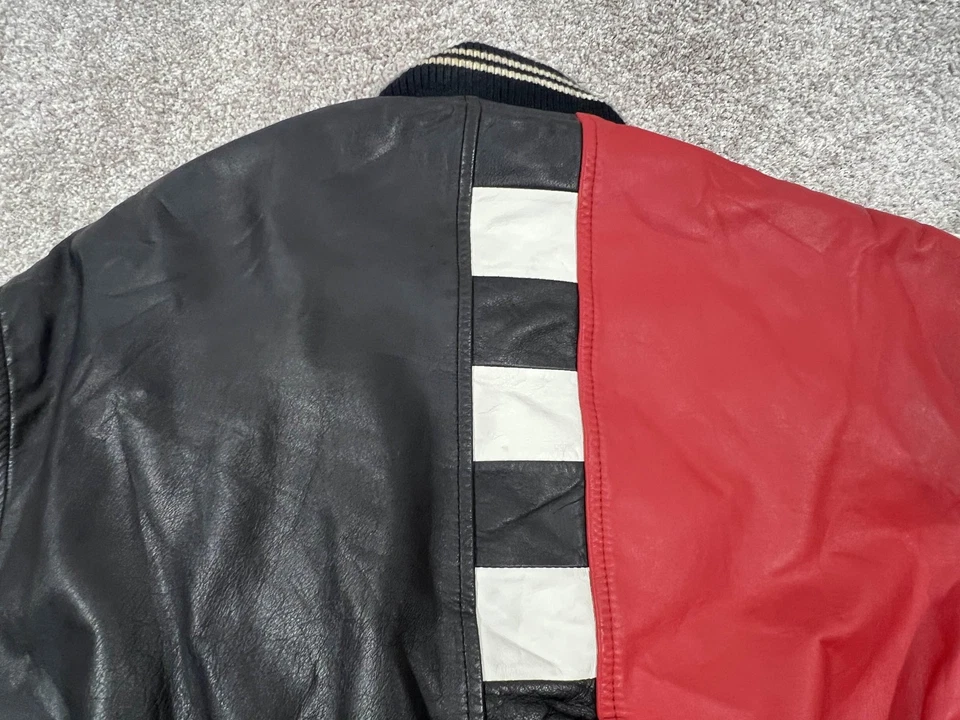 Chaqueta de cuero vintage G-iii para hombre mediana roja negra bombardero acolchada carreras años 90 Foto 4 de 4