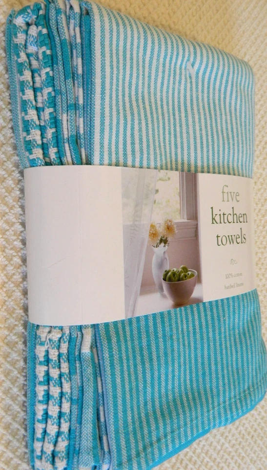 NEW NIP Set 5 Aqua Turquoise Kitchen Towels 100% Cotton Bardwil Linens Beachy - Image 3 of 4
