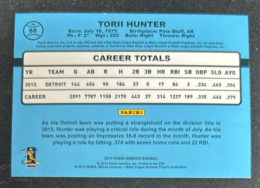 Tarjeta de béisbol 2014 Panini Donruss Torii Hunter #88 Tigres DE MUY BUEN ESTADO O/C Foto 2 de 2