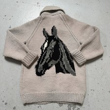 Vintage Cowichan Wool Knit Shawl Cardigan Full Zip Sweater Horse Colt Jacket S-M