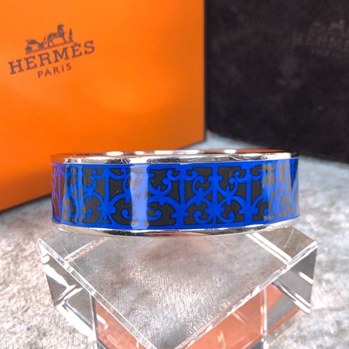 Hermes Bangle Bracelet Blue Black Enamel Guadalquivir Silver Rim Size 65 w/Case