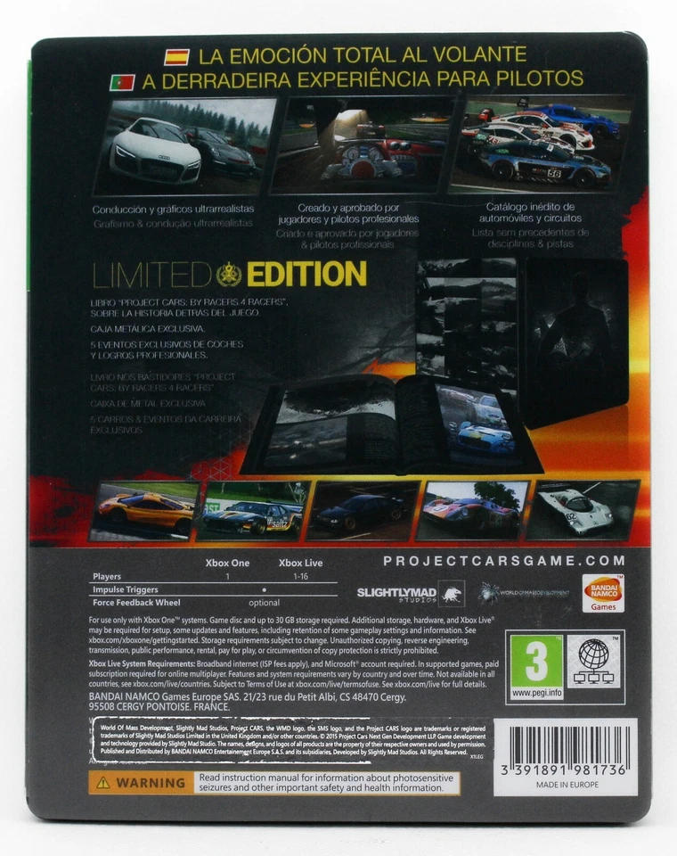 PROJECT CARS LIMITED EDITION STEELBOOK XBOX ONE XBOXONE PAL ESPAÑA 1, foto 2 de 3