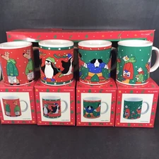 Set 4 Coco Dowley Christmas Mugs Ceramic Holiday Boxes for Individual & Set 5426