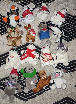 Lot 16 Coca Cola Plush Bean Bag New W/ Tags Bears Seals Walrus Penguin Reindeer 