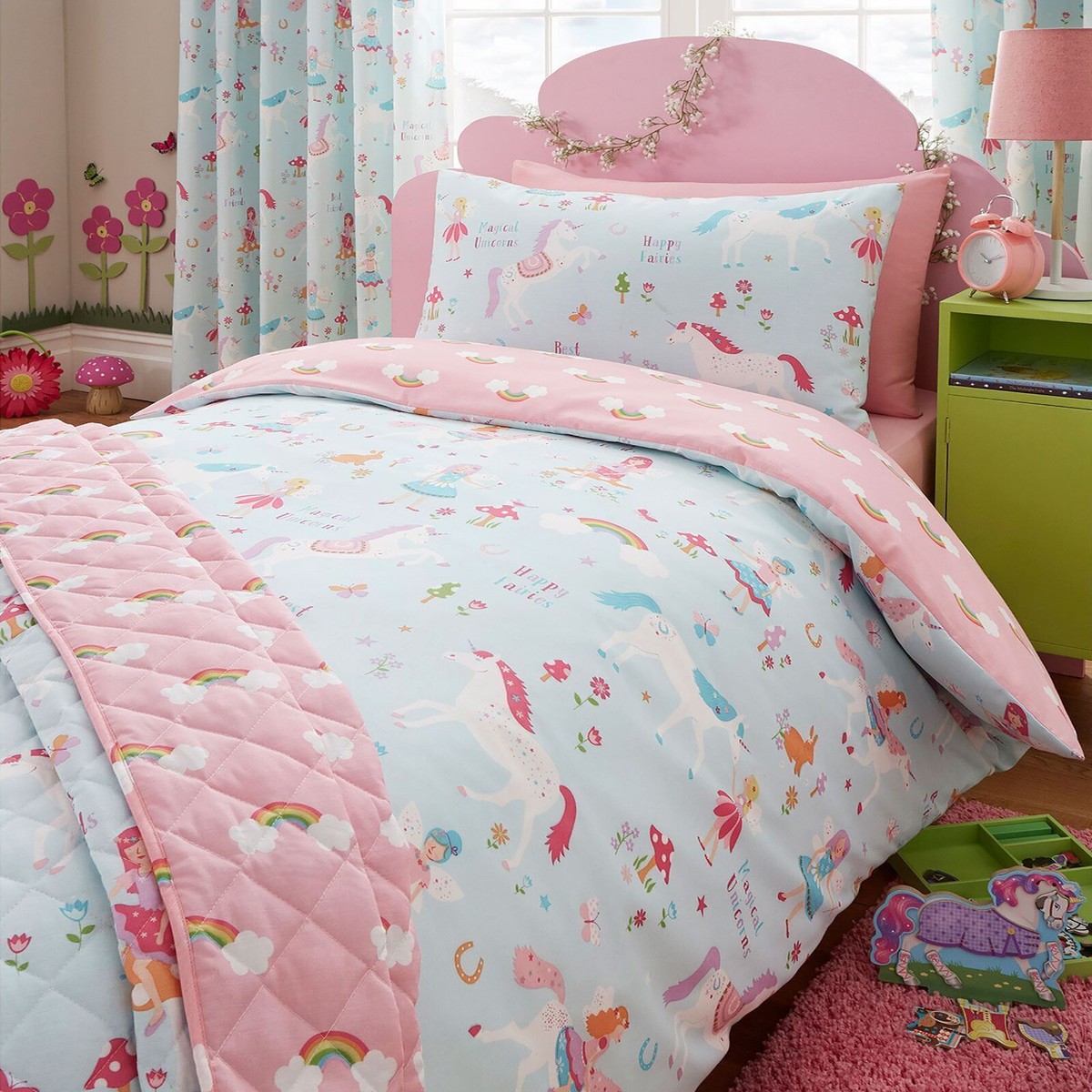Girls Kids Unicorn Rainbow Pink Duckegg Duvet Cover Set Curtains Throw  Bedding