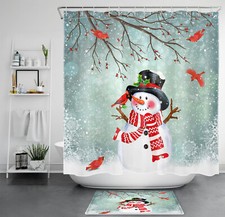 Winter Red Berry Cardinals Xmas Snowman Shower Curtain Bathroom Accessories Set