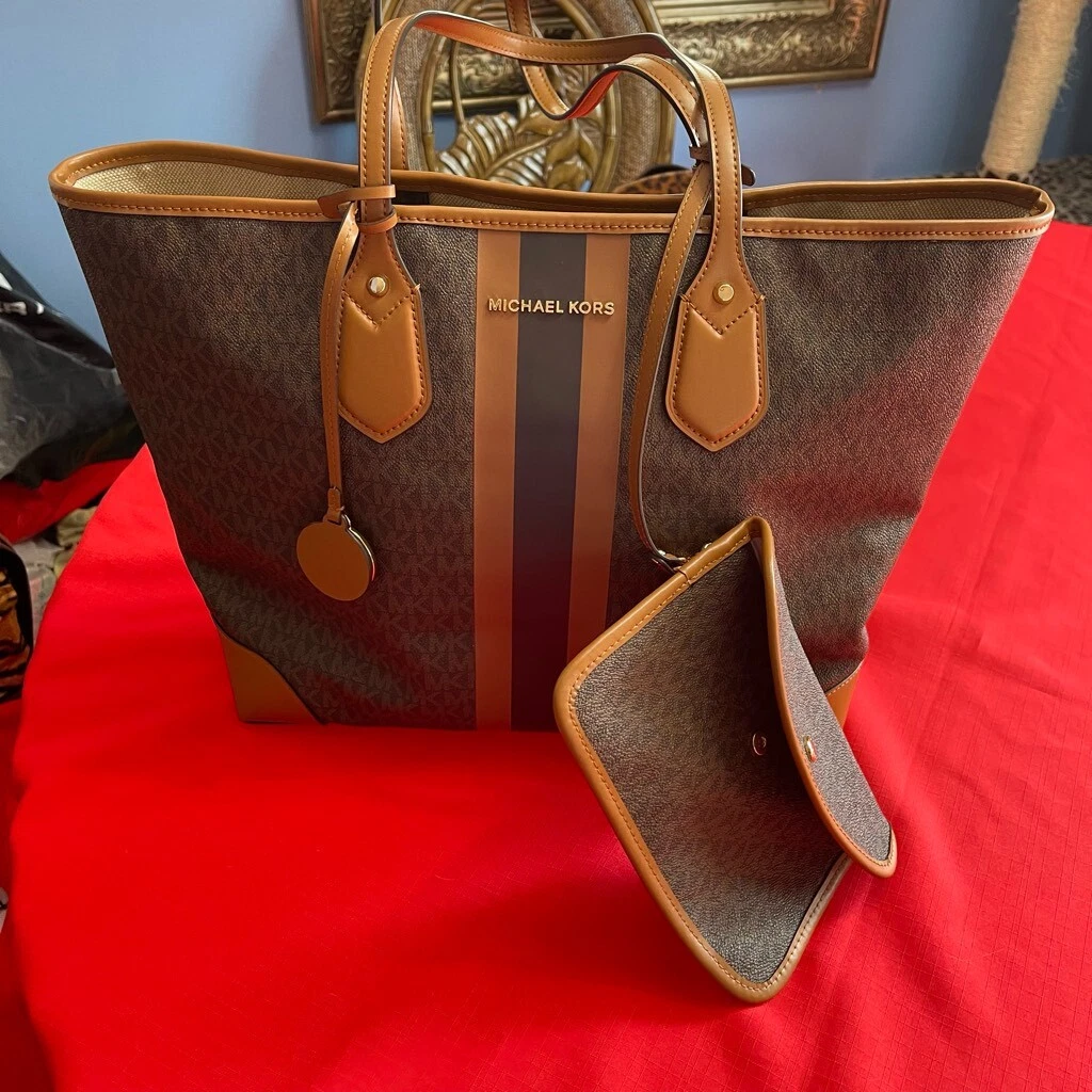 Michael Kors Eva Large Logo Stripe Tote Bag w Clutch 30T9GV0T7B Brown Acorn