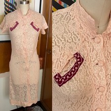 Vtg 40's Sheer Lace pink Dress Sz S 4 2 0 XS fitted button front 1940's