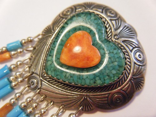 Older Sterling Silver Heart Quoc QT Q.T. Spiny Oyster & Turquoise Pin Brooch - Picture 2 of 5