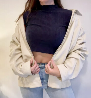 TORRAS White Cream Bomber Leather Jacket Blouson Zip Up Men s M Women s L Collar