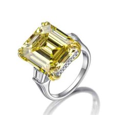 Genuine Canary Yellow Citrine  White Cubic Zirconia Three Stone Gorgeous Ring