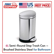 6L Semi-Round Step Trash Can – Brushed Stainless Steel for Bathroom