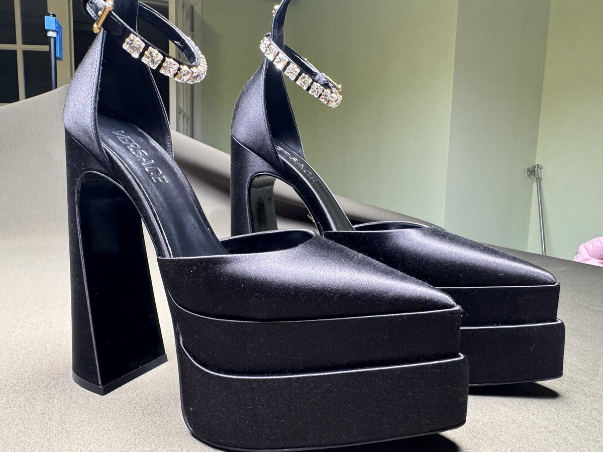 NEW VERSACE MEDUSA AEVITAS POINTY TRIPLATFORM BLACK SILK