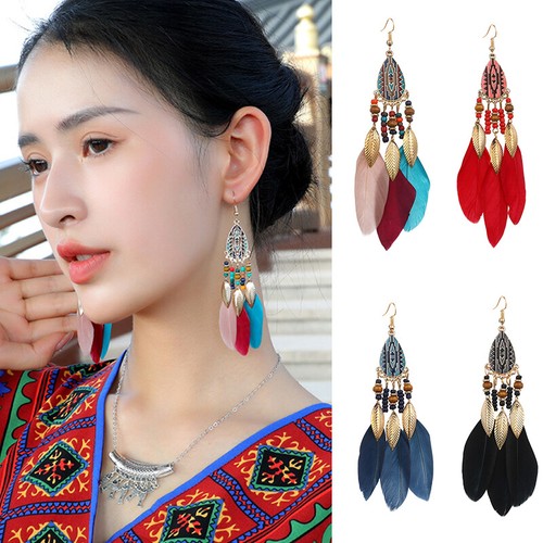 Boho Vintage Long Tassel Feather Dangle Drop Earrings Women Charm Jewelry Gift ↖ - Picture 3 of 55