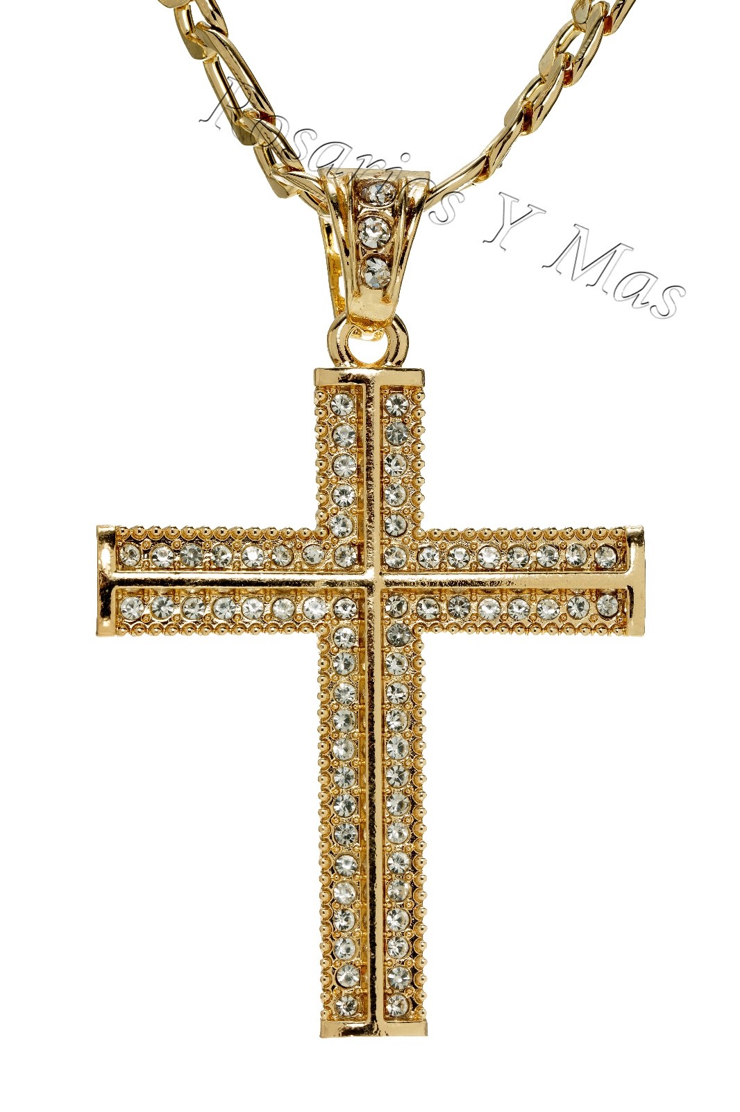 Grande Cruz Oro Laminado con Cadena de 26" Acero Nuevo