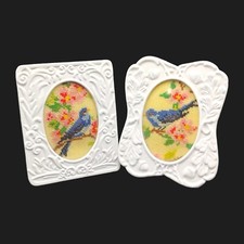 Framed Miniature Cross Stitch Birds - 3" Small Blue White Floral Flowers