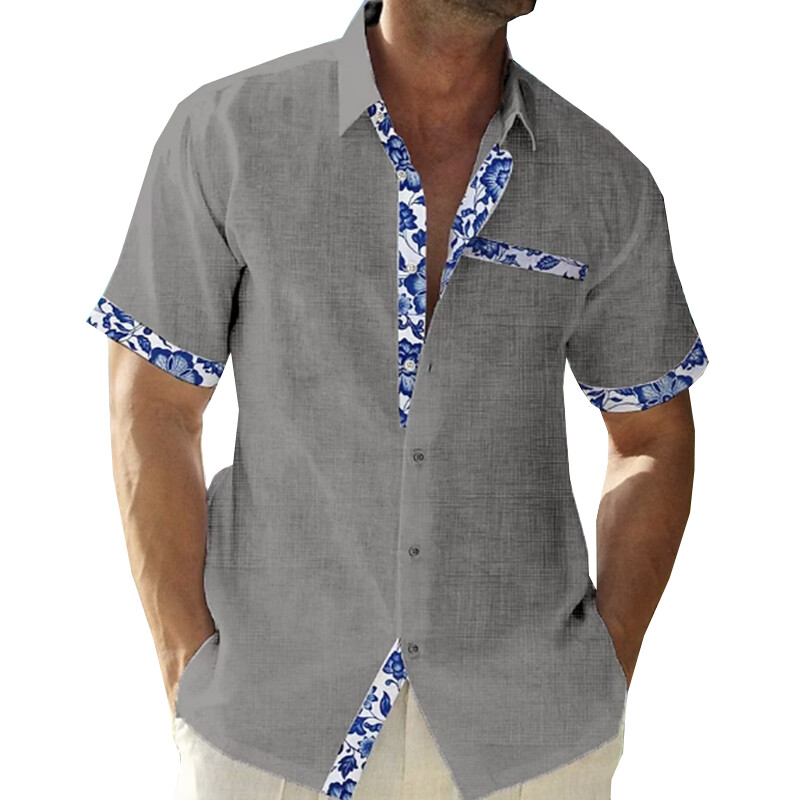 Camisa De Hombre De Manga Corta Con Bloques De Color Casual Con Botones Y ”
