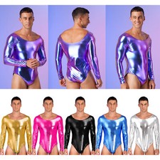 Mens One-piece Bodycon Long Sleeves Leotard Performance Jumpsuit Wetlook Shiny