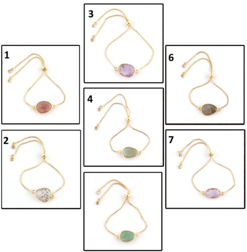Natural Mix Gemstone CZ Quartz Gold Plated Slider Lock Chain Bracelets For Girls - Picture 1 of 28