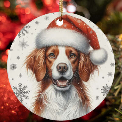 Merry Xmas Brittany Dog Santa Snowflake Winter Christmas Ornament