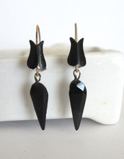 Antique Victorian French Jet Enamel BLACK TULIP Pierced Mourning Dangle Earrings
