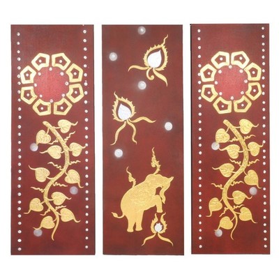 Triptychon Bild 3er Set Leinwand Blattgold Kunst Thailand je 100cm Rot Gold Nr.8