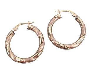 Vintage 9ct Two Colour Gold Earrings Classic Round Spiral Pattern Hoops 1.83g