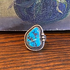Vintage Navajo Old Pawn Large Turquoise Ring w Lasso  Beaded Sterling Silver