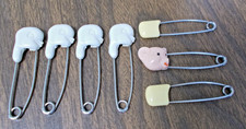 SEVEN vintage diaper pins - 4 chicks white , 1 bear pink , 2 yellow