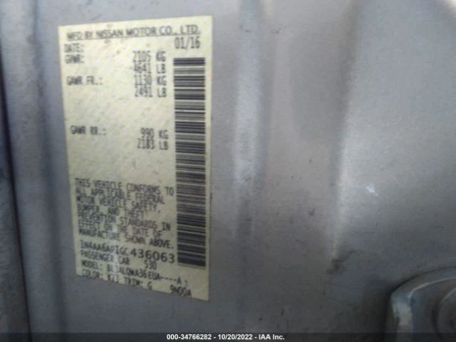 2016 Nissan Maxima Passenger Front Seat Bucket Electric Cloth - Used Foto 4 de 4