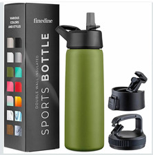 Finedine Sports Bottle 750ml Triple Insulated Stainless Steel Green +3 Lids