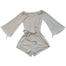 Saints+Secrets Beige Waffle Knit Bell Sleeve Tie Waist Romper Size XS