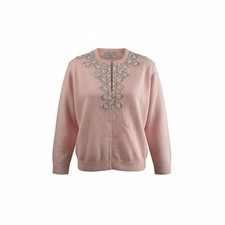 Vintage 1950s Pink Beaded Sequin Angora Lambswool Cardigan Sweater S